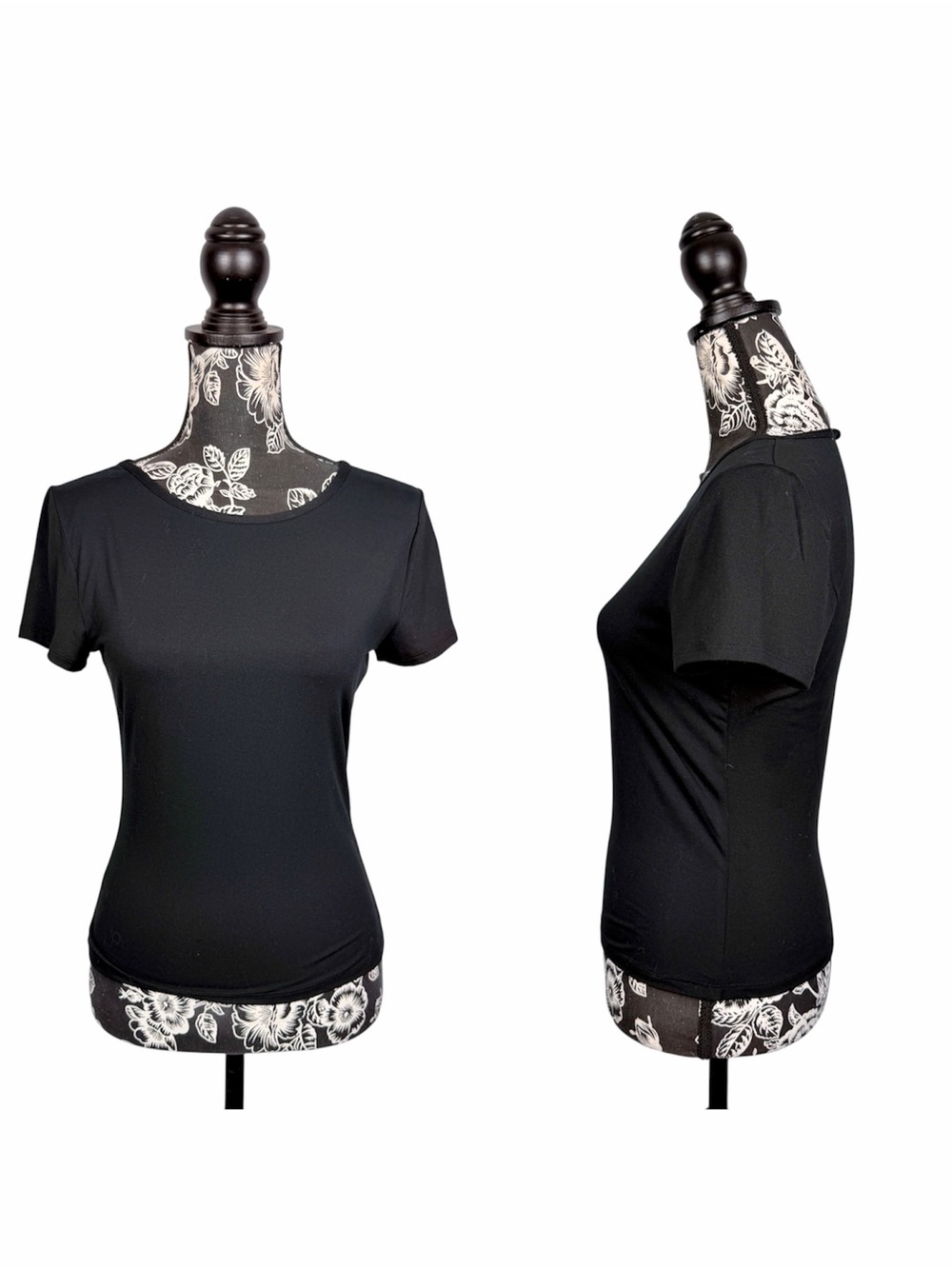 Suzette Collection black crewneck waist length short sleeve contour top size S/M